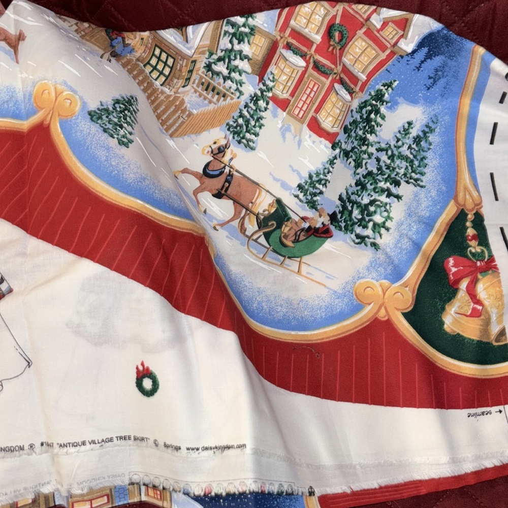 Christmas tree skirts or tablecloth patterns; a pile of cotton scraps